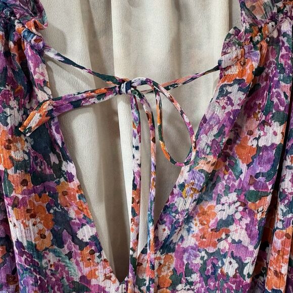 Lavender Brown Dress Smocked Long Sleeves Elastic Waist Tiered Floral Medium EUC - Picture 5 of 15